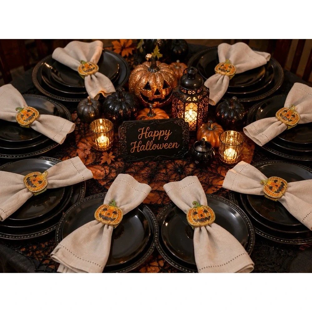 Tahari Home Fly By Night Beaded Pumpkin Jack O'Lantern Napkin Rings Set of 8 NIB